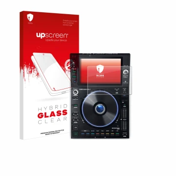 Front side of a product packaging with the brand logo upscreen. Next to it is the device Denon DJ SC6000 Prime shown with the 