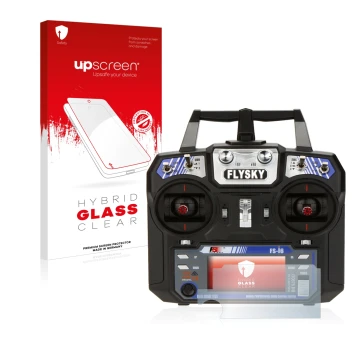 Front side of a product packaging with the brand logo upscreen. Next to it is the device FlySky FS-i6 shown with the correspon