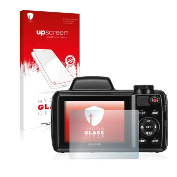 Front side of a product packaging with the brand logo upscreen. Next to it is the device Kodak Pixpro AZ525 shown with the cor