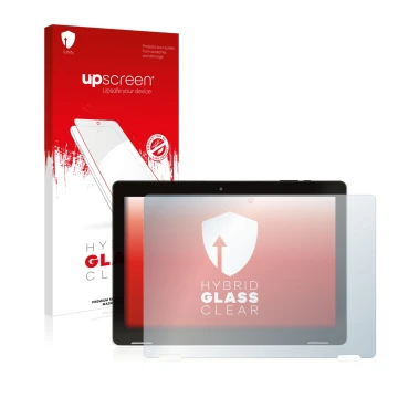 Front side of a product packaging with the brand logo upscreen. Next to it is the device Hannspree Pad Apollo 2 shown with the