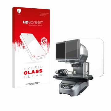 Front side of a product packaging with the brand logo upscreen. Next to it is the device Keyence IM-7020 Glass plate shown wit