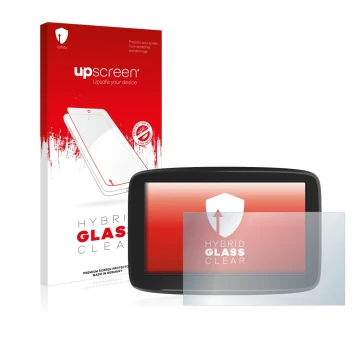 Front side of a product packaging with the brand logo upscreen. Next to it is the device TomTom GO Classic 5