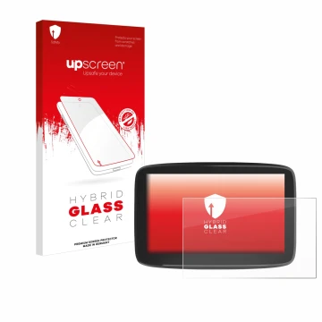 Front side of a product packaging with the brand logo upscreen. Next to it is the device TomTom GO Classic 6