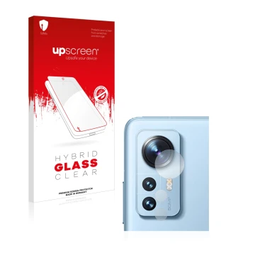 Front side of a product packaging with the brand logo upscreen. Next to it is the device Xiaomi 12 (ONLY Camera Lens) shown wi