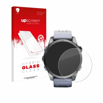 Front side of a product packaging with the brand logo upscreen. Next to it is the device Garmin Fenix 7S (42 mm) shown with th