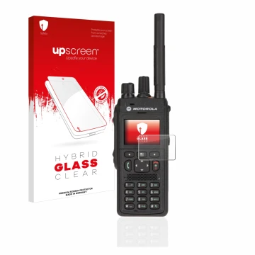 Front side of a product packaging with the brand logo upscreen. Next to it is the device Motorola MTP3550 shown with the corre