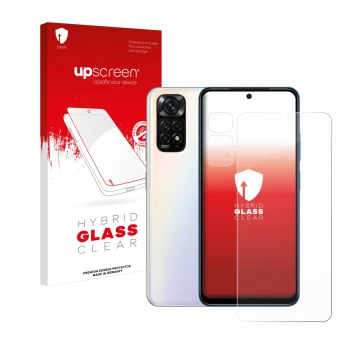 Front side of a product packaging with the brand logo upscreen. Next to it is the device Xiaomi Redmi Note 11S (Front+Camera) 
