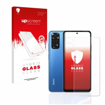 Front side of a product packaging with the brand logo upscreen. Next to it is the device Xiaomi Redmi Note 11 (Front+Camera) s