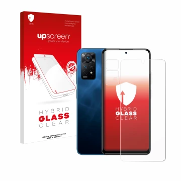 Front side of a product packaging with the brand logo upscreen. Next to it is the device Xiaomi Redmi Note 11 Pro 5G (Front+Ca