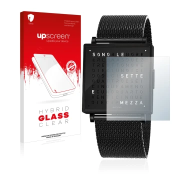 Front side of a product packaging with the brand logo upscreen. Next to it is the device Qlocktwo W35 shown with the correspon