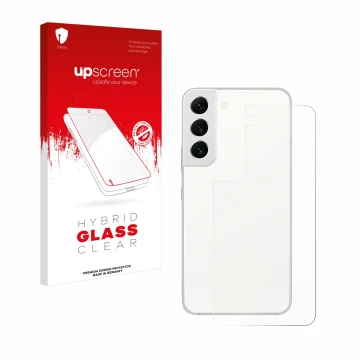 Front side of a product packaging with the brand logo upscreen. Next to it is the device Samsung Galaxy S22 5G (Back) shown wi