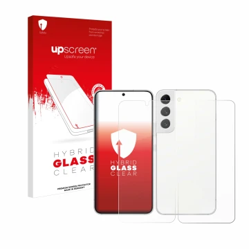 Front side of a product packaging with the brand logo upscreen. Next to it is the device Samsung Galaxy S22 5G (Front+Back) sh