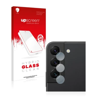 Front side of a product packaging with the brand logo upscreen. Next to it is the device Samsung Galaxy S22 5G (ONLY Camera Le