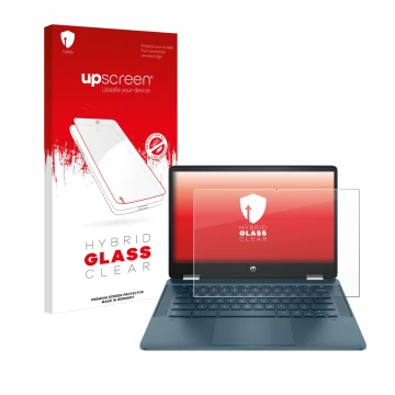 Front side of a product packaging with the brand logo upscreen. Next to it is the device HP Chromebook x360 (14b-cbX) shown wi