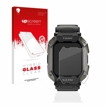 Front side of a product packaging with the brand logo upscreen. Next to it is the device Kospet Tank M1 shown with the corresp