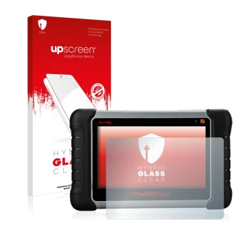 Front side of a product packaging with the brand logo upscreen. Next to it is the device Autel MaxiPRO MP808TS shown with the 