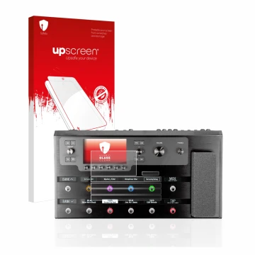 Front side of a product packaging with the brand logo upscreen. Next to it is the device Line 6 Helix Floor shown with the cor