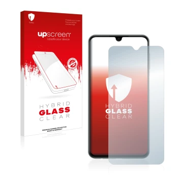 Front side of a product packaging with the brand logo upscreen. Next to it is the device Samsung Galaxy M33 shown with the cor