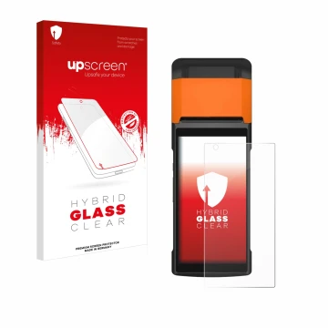 Front side of a product packaging with the brand logo upscreen. Next to it is the device Sunmi V2s shown with the correspondin