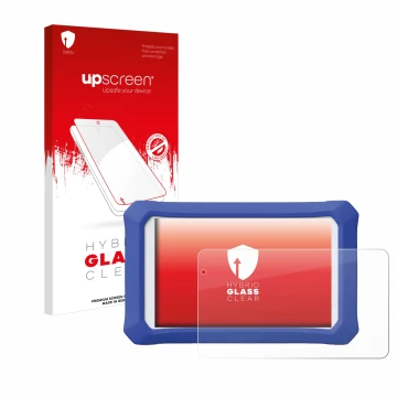 Front side of a product packaging with the brand logo upscreen. Next to it is the device Clementoni Clempad X Revolution shown