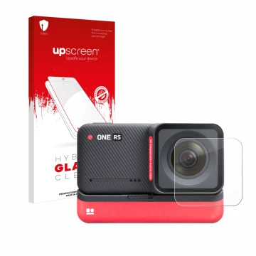 Front side of a product packaging with the brand logo upscreen. Next to it is the device Insta360 One RS 4K Edition (Lens) sho