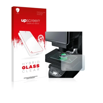 Front side of a product packaging with the brand logo upscreen. Next to it is the device Keyence IM-7030 Glass plate shown wit