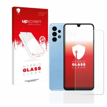 Front side of a product packaging with the brand logo upscreen. Next to it is the device Samsung Galaxy A13 (Front+Camera) sho