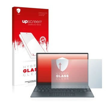 Front side of a product packaging with the brand logo upscreen. Next to it is the device ASUS ZenBook 13 OLED shown with the c