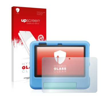 Front side of a product packaging with the brand logo upscreen. Next to it is the device Amazon Fire 7 Kids 2022 shown with th