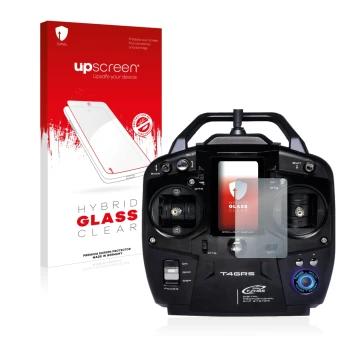 Front side of a product packaging with the brand logo upscreen. Next to it is the device Futaba T4GRS shown with the correspon