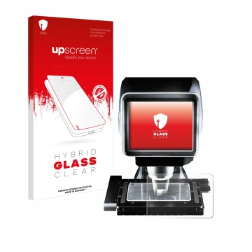 Front side of a product packaging with the brand logo upscreen. Next to it is the device Keyence LM-1100 Glass plate shown wit