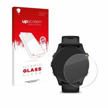 Front side of a product packaging with the brand logo upscreen. Next to it is the device Garmin Forerunner 255 Music shown wit