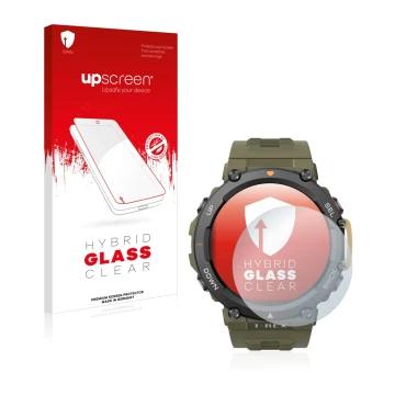 Front side of a product packaging with the brand logo upscreen. Next to it is the device Huami Amazfit T-Rex 2 shown with the 