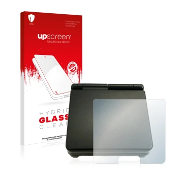 Front side of a product packaging with the brand logo upscreen. Next to it is the device Nintendo Gameboy Advance SP (housing)