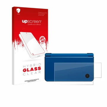 Front side of a product packaging with the brand logo upscreen. Next to it is the device Nintendo DSi XL (housing) shown with 