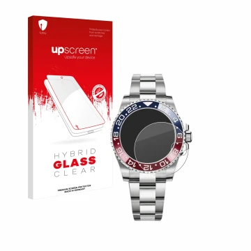 Front side of a product packaging with the brand logo upscreen. Next to it is the device Rolex GMT-Master II shown with the co