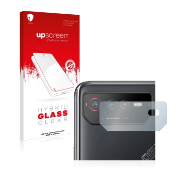 Front side of a product packaging with the brand logo upscreen. Next to it is the device ASUS ROG Phone 6 (ONLY Camera Lens) s