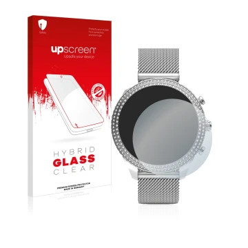 Front side of a product packaging with the brand logo upscreen. Next to it is the device Fossil Stella (6. Gen) shown with the