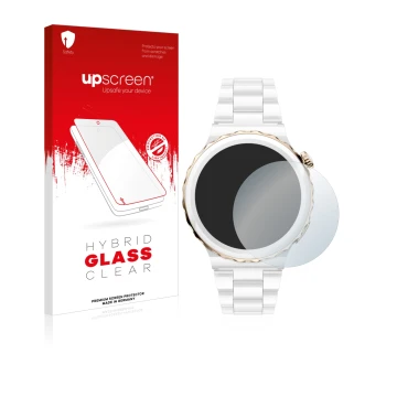Front side of a product packaging with the brand logo upscreen. Next to it is the device Huawei Watch GT 3 Pro Ceramic (43mm) 