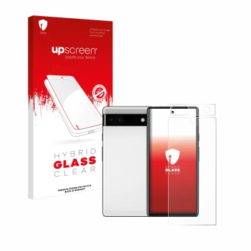 Front side of a product packaging with the brand logo upscreen. Next to it is the device Google Pixel 6a (Front+Camera) shown 