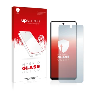 Front side of a product packaging with the brand logo upscreen. Next to it is the device Motorola Moto G32 shown with the corr