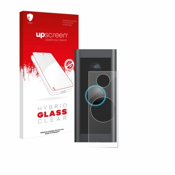 Front side of a product packaging with the brand logo upscreen. Next to it is the device Ring Video Doorbell Wired shown with 
