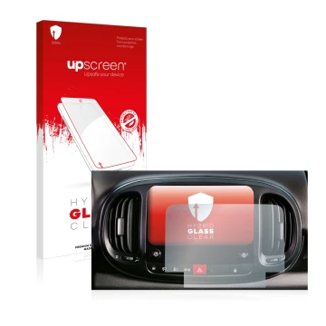 Front side of a product packaging with the brand logo upscreen. Next to it is the device Fiat 500L 2022 Uconnect 7