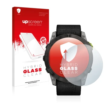 Front side of a product packaging with the brand logo upscreen. Next to it is the device Garmin Enduro 2 shown with the corres