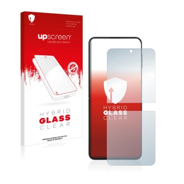Front side of a product packaging with the brand logo upscreen. Next to it is the device Samsung Galaxy Z Flip 4 shown with th