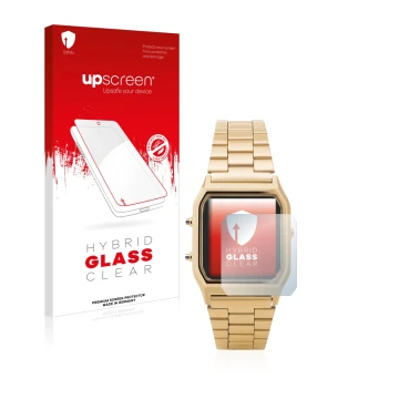 Front side of a product packaging with the brand logo upscreen. Next to it is the device Casio AQ-230GA shown with the corresp