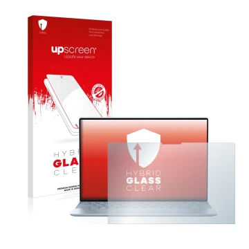 Front side of a product packaging with the brand logo upscreen. Next to it is the device Dell XPS 13 9315 Touch shown with the