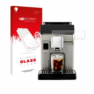 Front side of a product packaging with the brand logo upscreen. Next to it is the device DeLonghi Eletta Explore shown with th