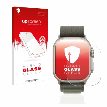 Front side of a product packaging with the brand logo upscreen. Next to it is the device Apple Watch Ultra (49 mm) shown with 