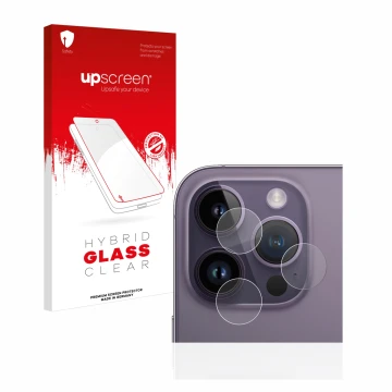 Front side of a product packaging with the brand logo upscreen. Next to it is the device Apple iPhone 14 Pro (ONLY Camera Lens